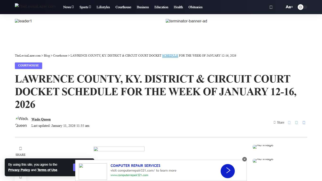 LAWRENCE COUNTY, KY. DISTRICT & CIRCUIT COURT DOCKET SCHEDULE FOR THE WEEK OF JANUARY 12-16, 2026 - TheLevisaLazer.com