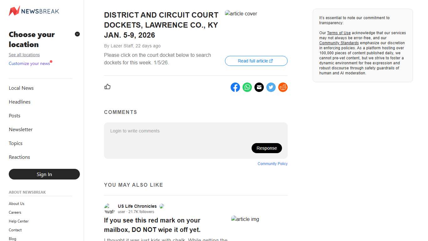 DISTRICT AND CIRCUIT COURT DOCKETS, LAWRENCE CO., KY JAN. 5-9, 2026 - NewsBreak